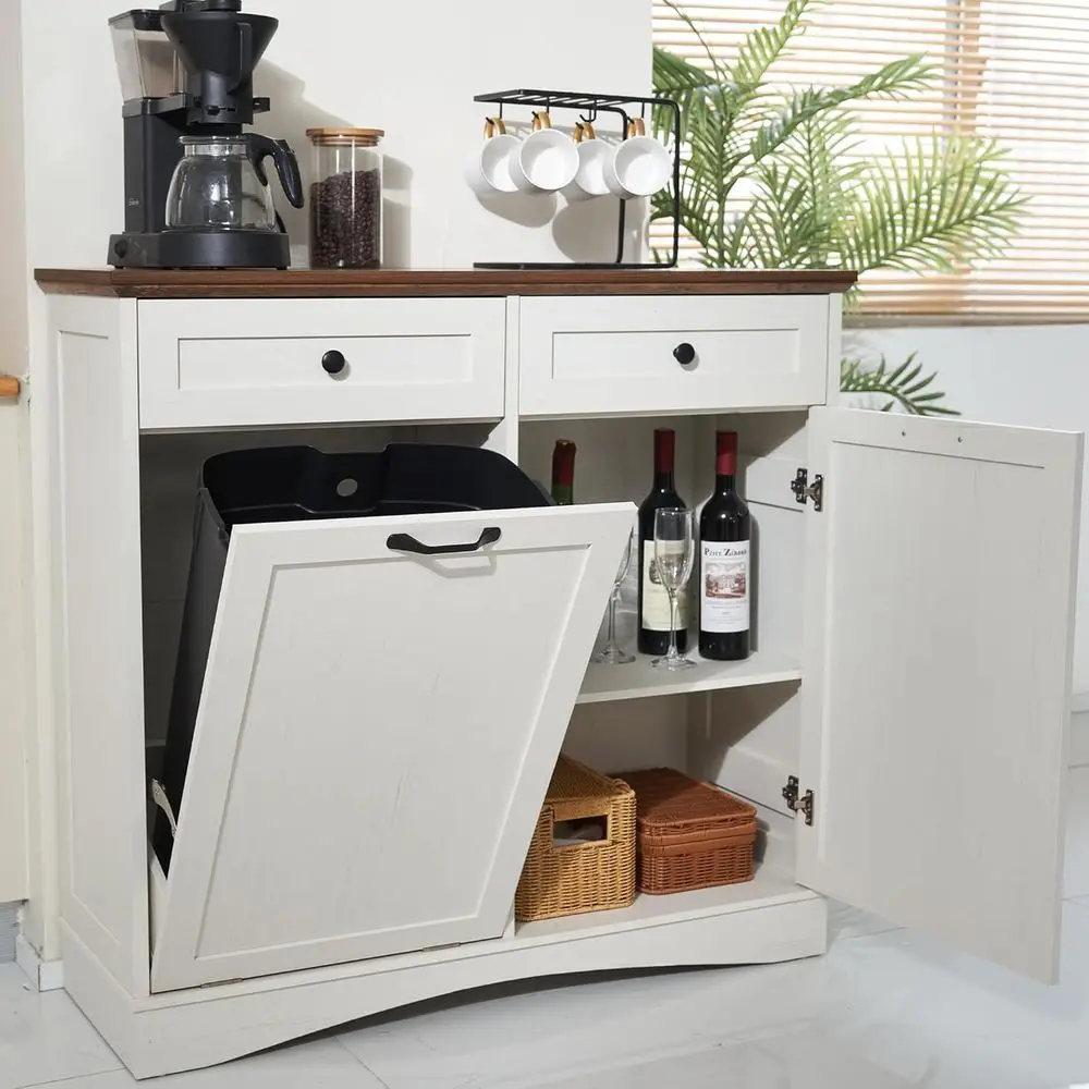 

13 Gallon Antique White Kitchen Waste Bin with Hidden Trash and Laundry Hamper for Living Room & Pet Use