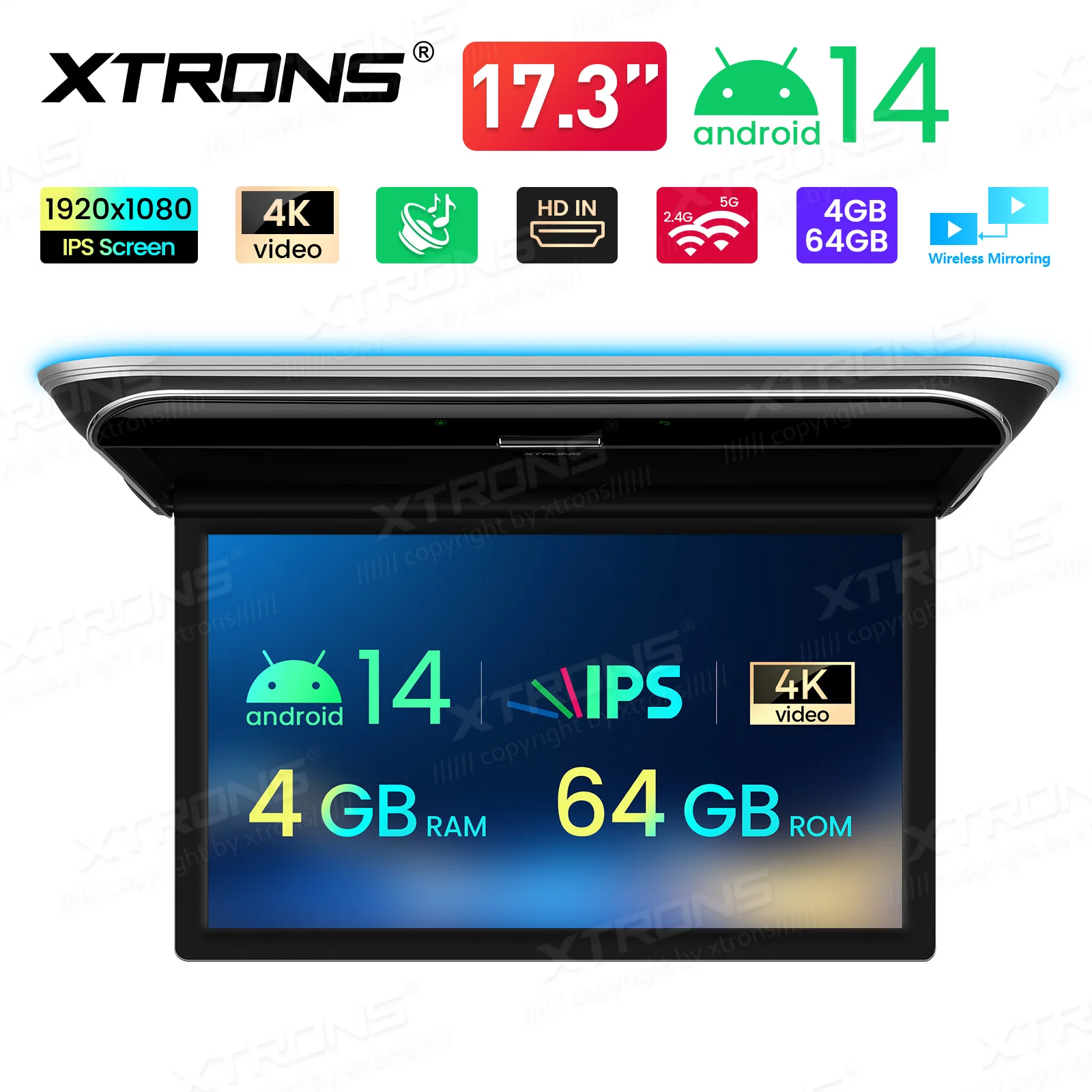 XTRONS 17.3 inch 2+32GB Auto Dakmonitor Android Auto TV IPS Breedbeeld 1080P Digitale Video Ultradunne Ingebouwde Speler met HDMI