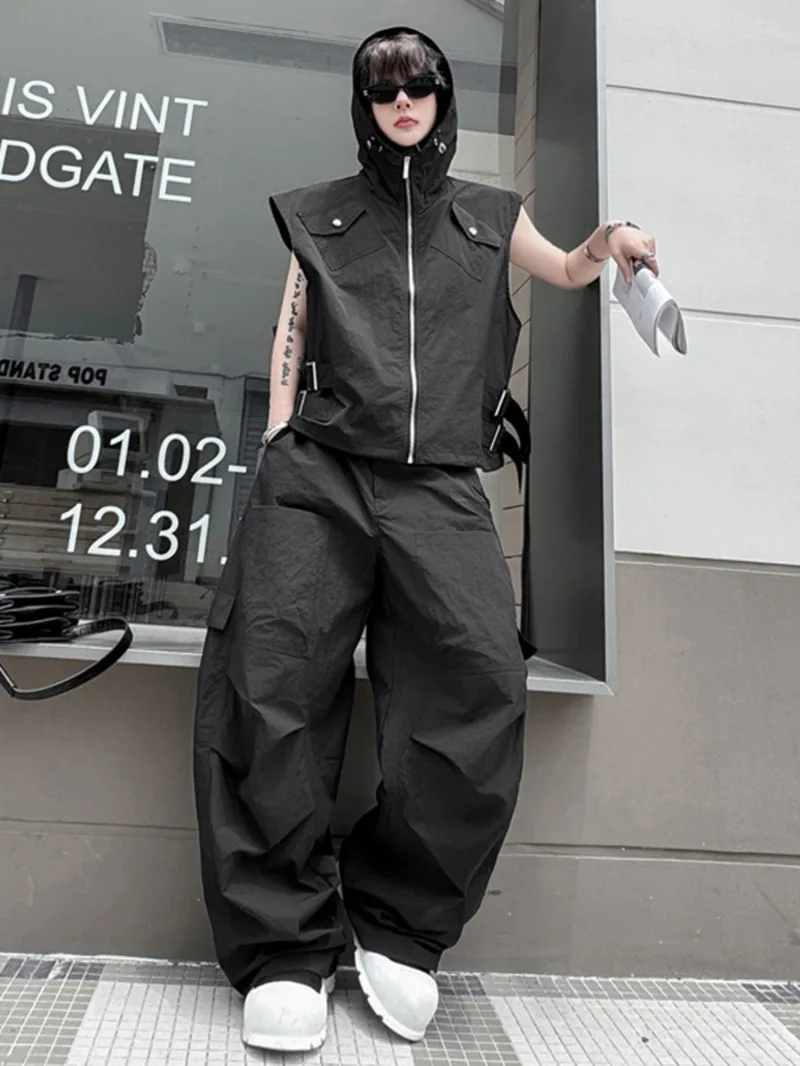 

Men's Korean Style Two-piece Solid Color Hooded Belts Design Sleeveless Vests Multi-pocket Straight Male Pants New 0C3R