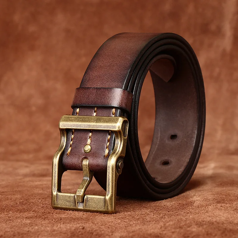 3.8CM High Quality Retro Luxury Male Strap  Thick Cowhide Copper Buckle Genuine Leather for Men's  Casual Jeans Belt Man