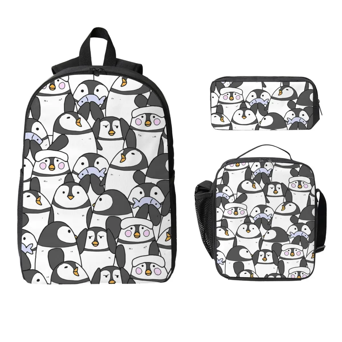

Hand Drawn Penguin Set Backpack Student BookBag School Bag Laptop Shoulder Bags 3ps Insulated Lunch Bag Pencil Case