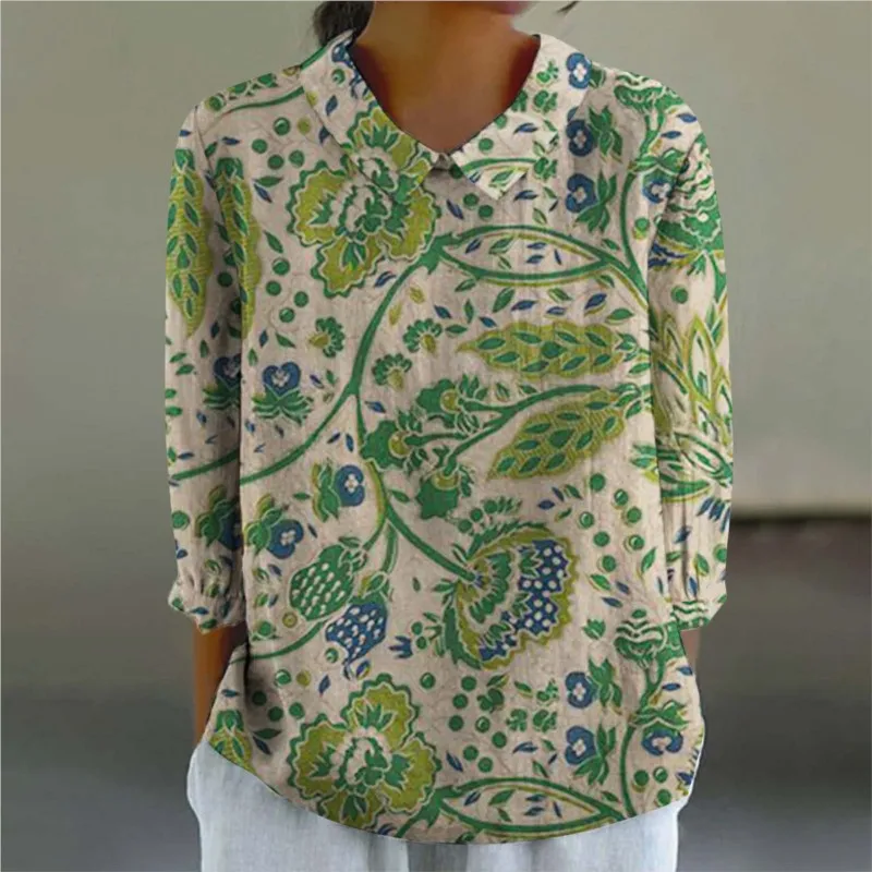 2024 New Vintage Floral Print Shirt For Women Autumn Long Sleeve Doll Collar Shirts Casual Loose Blouses And Tops Female