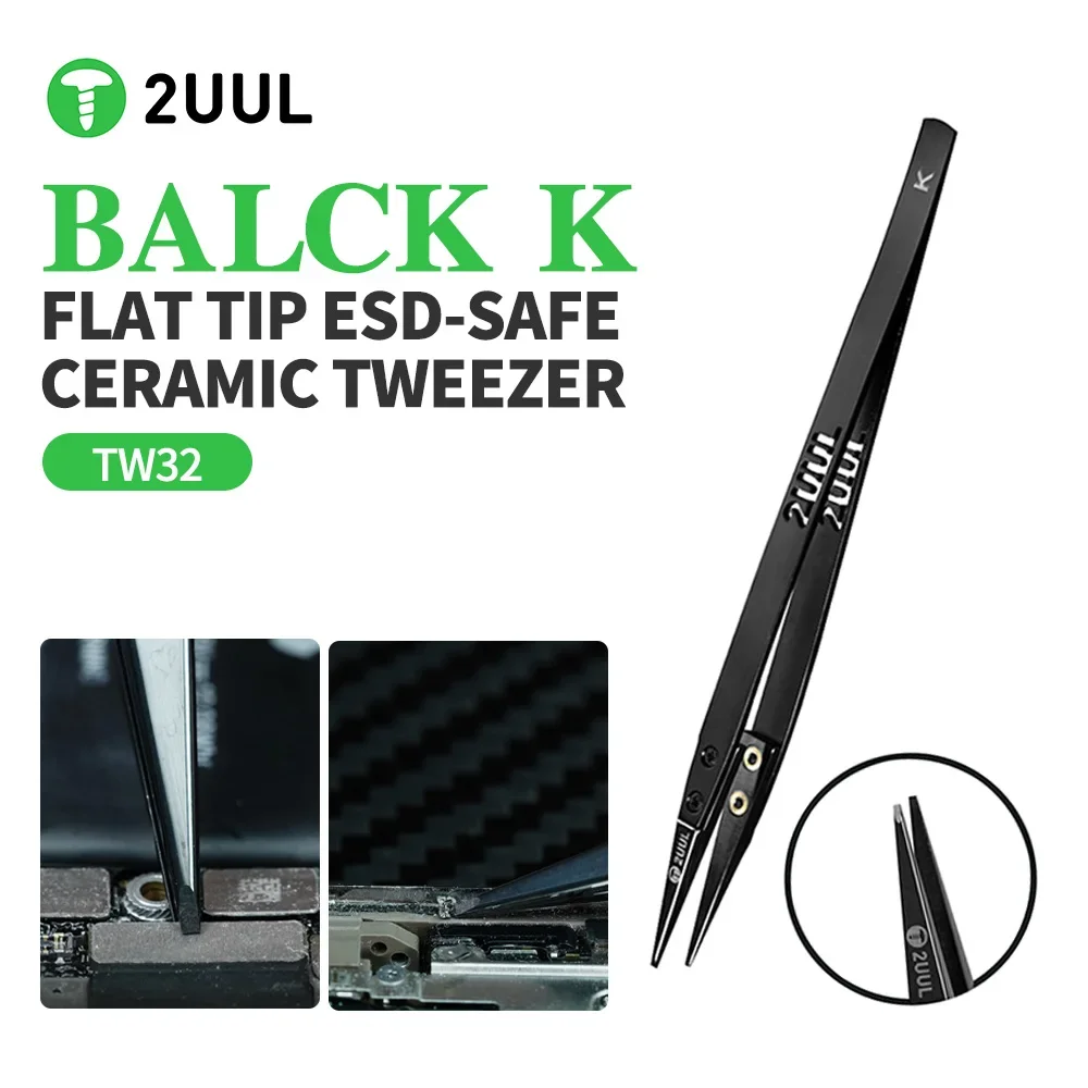 

2UUL BLACK K антистатические керамические пинцеты с плоской головкой для ремонта мобильных телефонов, материнская плата, микросхема, зажимной инструмент для расклейки