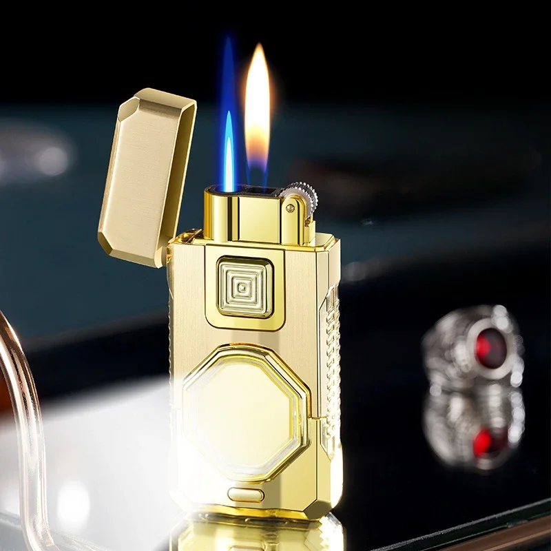 Double Fire Windproof Metal Butane Lighter Creative Type-C Rechargeable Lighting Personalized Cigarette Men Smoke Accessorie