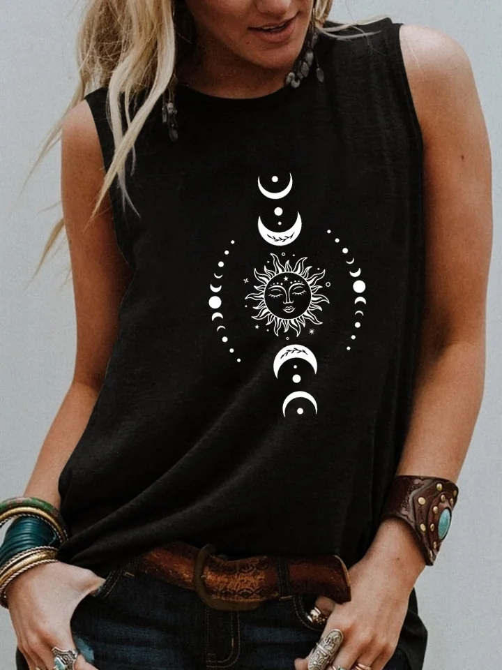 Sun And Moon graphic print Tank top Celestial Sun and Moon tank Mystical Sleevele Tee Women fashion casual aesthetic tops