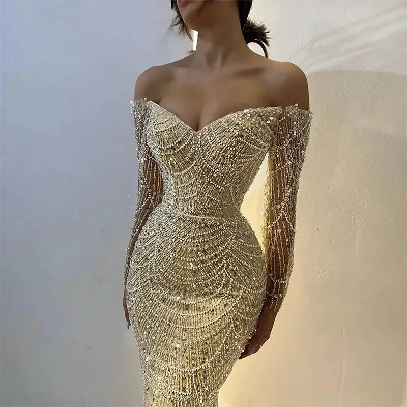 

Luxury Arabic Prom Pageant Dress Off Shoulder Long Sleeves Pearls Sequined Evening Formal Birthday Gowns Robe