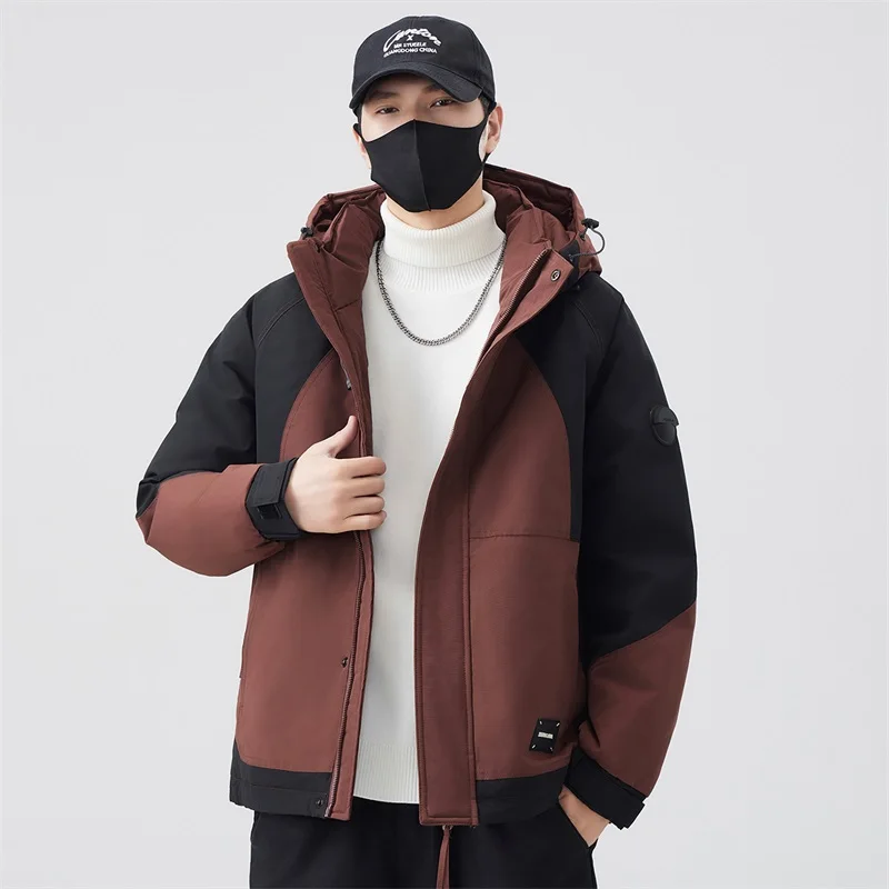 Winter hooded hardshell jacket, men's patchwork color contrast 2024 new warm thickened down jacket, outdoor leisure jacket