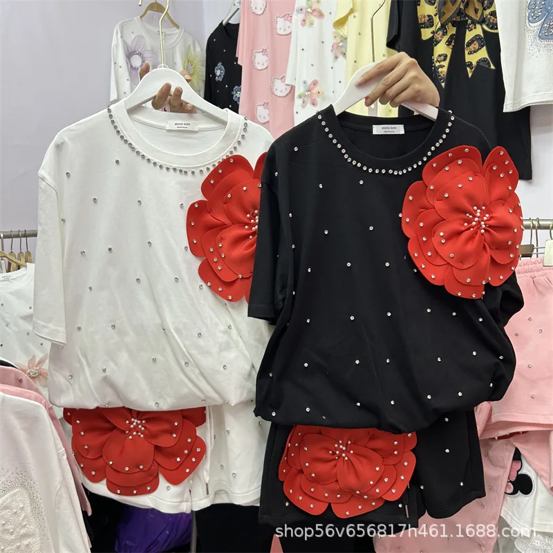 Summer Women Diamonds Beaded 3D Big Red Flower T-shirts Pearls Tees Short Sleeved Tops + Elastic Waist Wide Legs Shorts 2Pcs Set