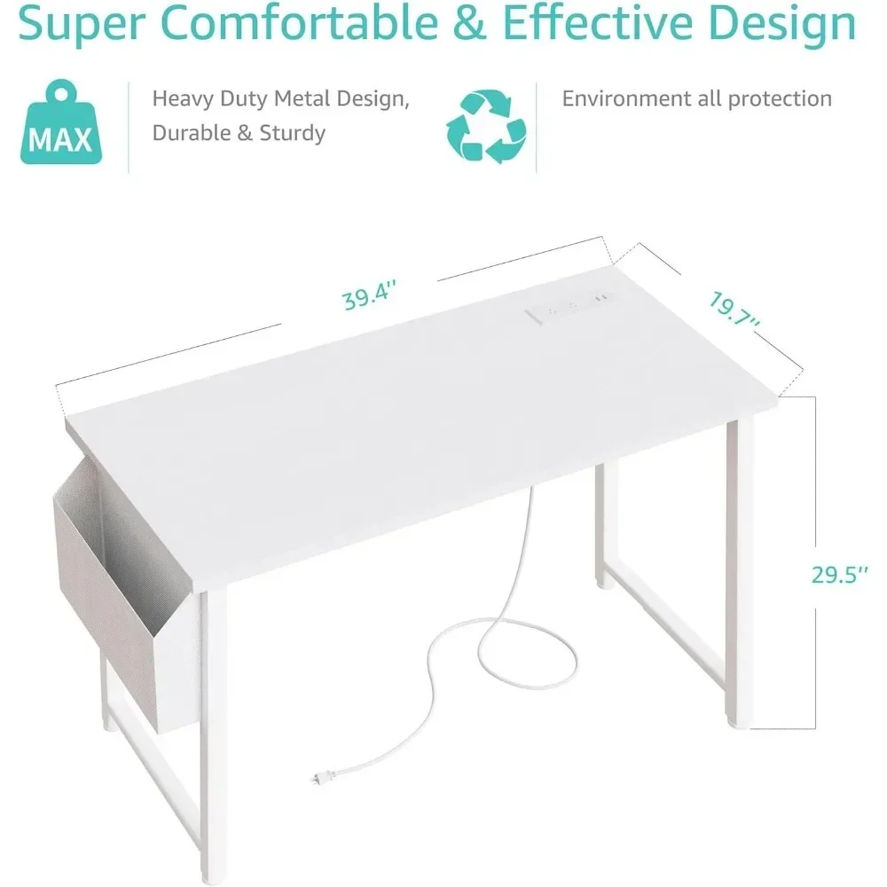 39 Inch White Computer Desk With Power Table Pliante Furniture Room Desk to Study Desks Reading Gaming Office Accessories