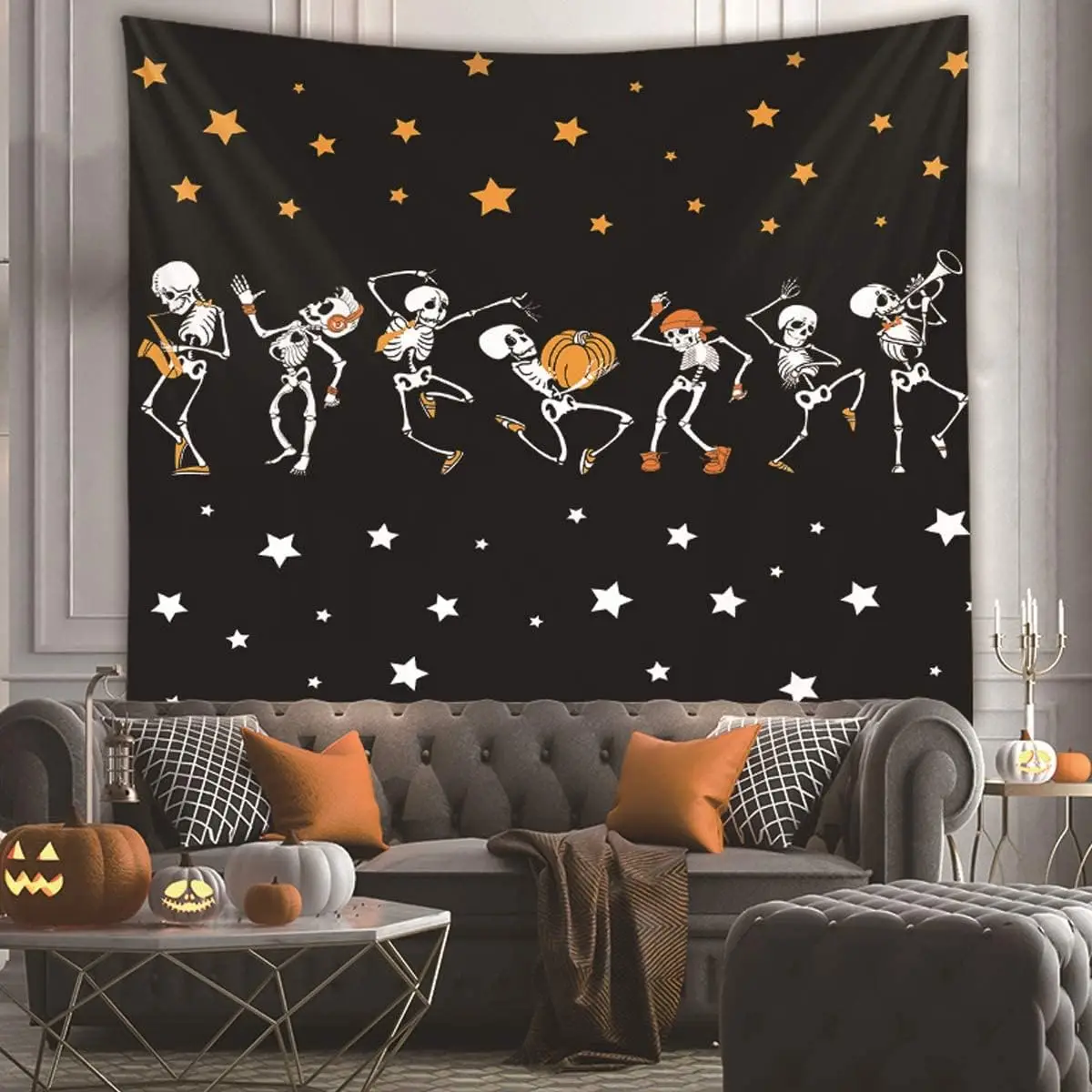 Halloween Dancing Skeletons Tapestry, Starry Night Skull Band Wall Hanging for Bedroom Living Room, Spooky Party Holiday Home