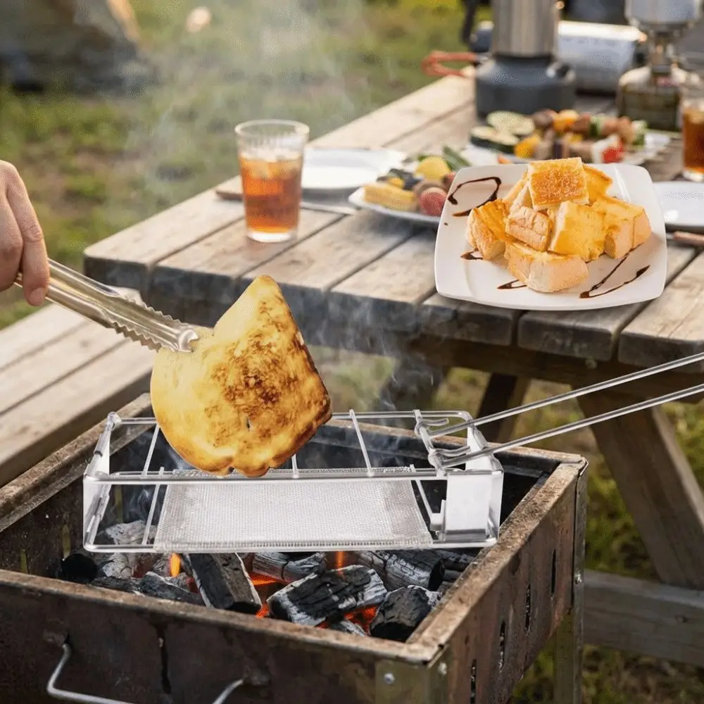 Asador de pan de acero inoxidable que ahorra espacio, bandeja para pan, parrilla de barbacoa con mango largo, parrilla de barbacoa plegable compacta para acampar al aire libre
