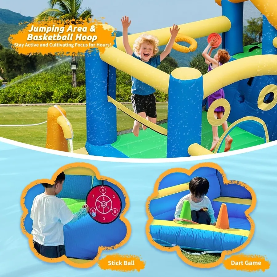Glissière d'eau gonflable 10 en 1 pour maison de rebond, pour parc aquatique avec ventilateur, pistolet à eau, cercle de saut, Baske mural d'escalade