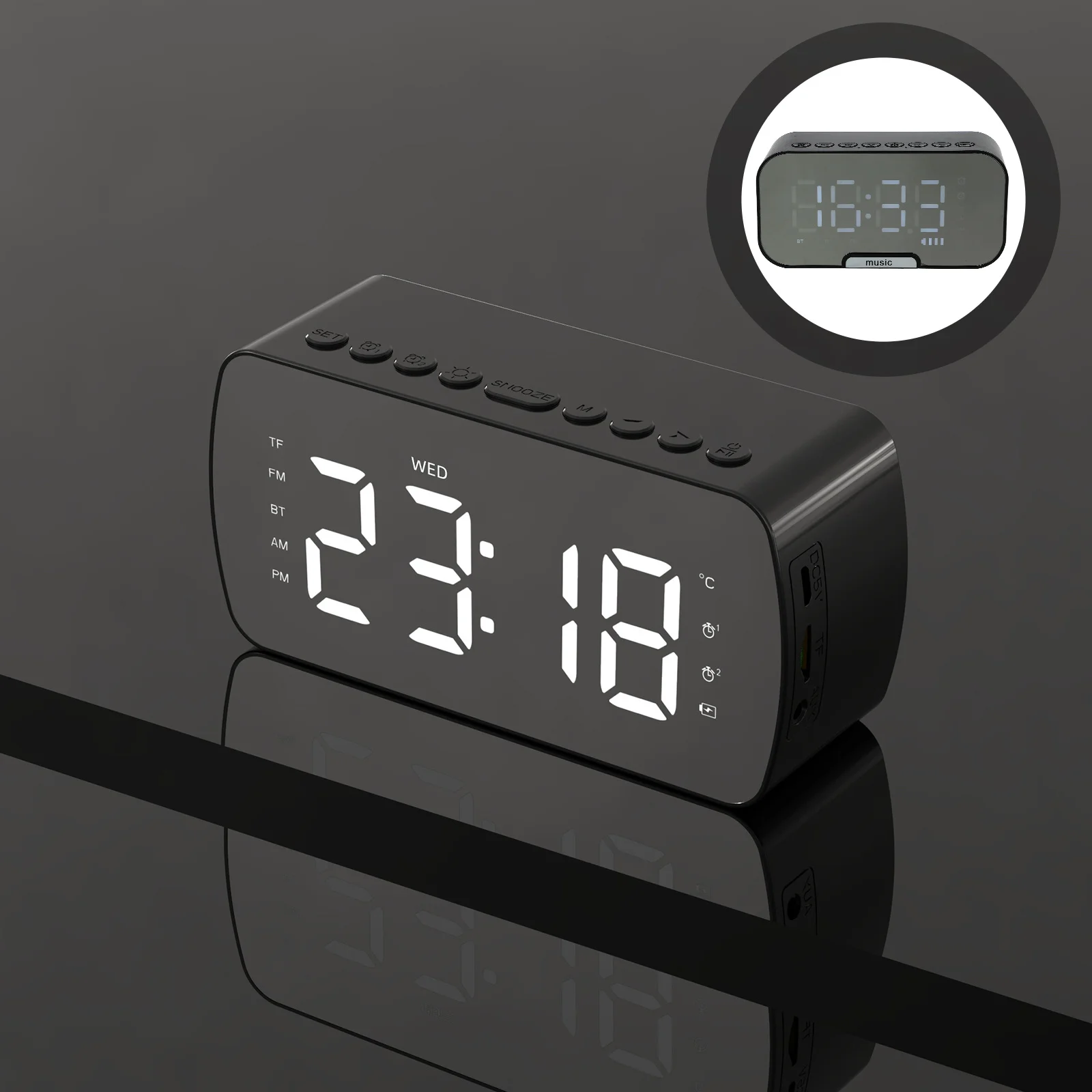 

Clock Radio with Digital Alarm and Wireless Speaker Large Screen for Home Decor Travel Desk Portable Black Clock Set