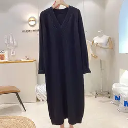 Vestido de suéter feminino monocromático com decote em v, vestidos longos maxi, grosso, inverno, outono, alta qualidade, plus size 6XL, 150kg