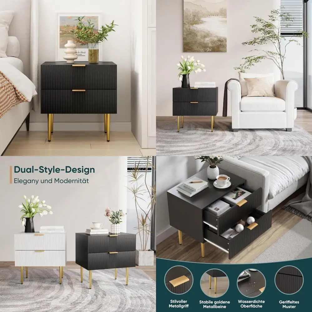 

mid-century modern nightstand with fluted drawers and gold legs