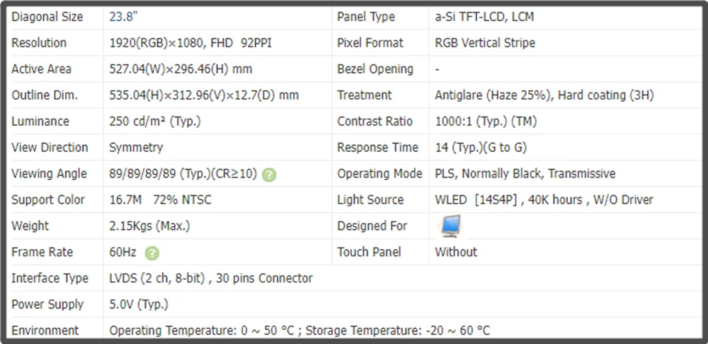 LTM238HL06หน้าจอ LCD LED ขนาด23.8นิ้วแผงจอแสดงผล IPS FHD 1920x1080 LVDS แบบไม่สัมผัส30พิน60Hz