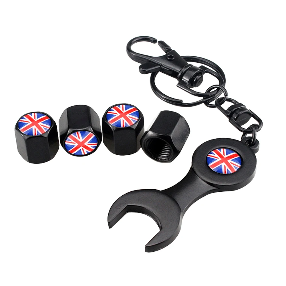 Car Tire Valve Stems Caps Wheel With Mini Wrench Keychain For Union Jack Logo For BMW Benz Ford Fiesta Peugeot 308 Audi A3 RS4