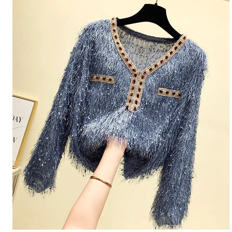 

V-Neck Diamond Tassel Sweater Top Women's Autumn Winter Bottoming Shirt 2024 New Fashion Loose Long Sleeves Knitting Pullover