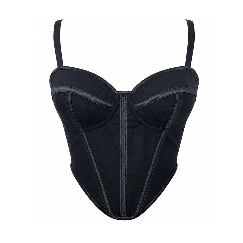 Black Boned Corset Cami Top Contrast Stitch Sweetheart Bustier Pointed Hem Slim Body Shaper