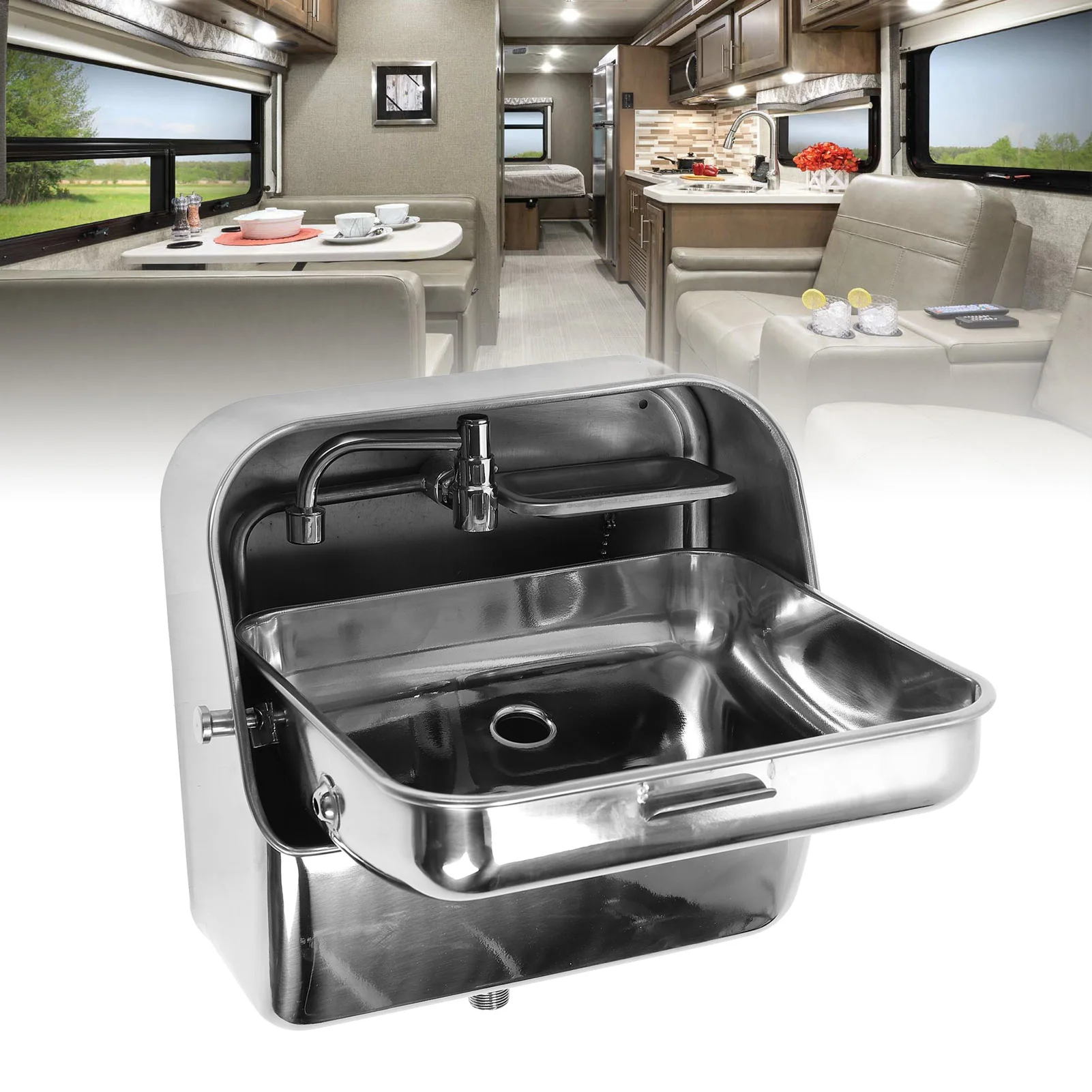 Pia de parede de aço inoxidável 304 com torneira, lavatório suspenso de parede oculto para RV, caminhão de comida, barco, motorhome