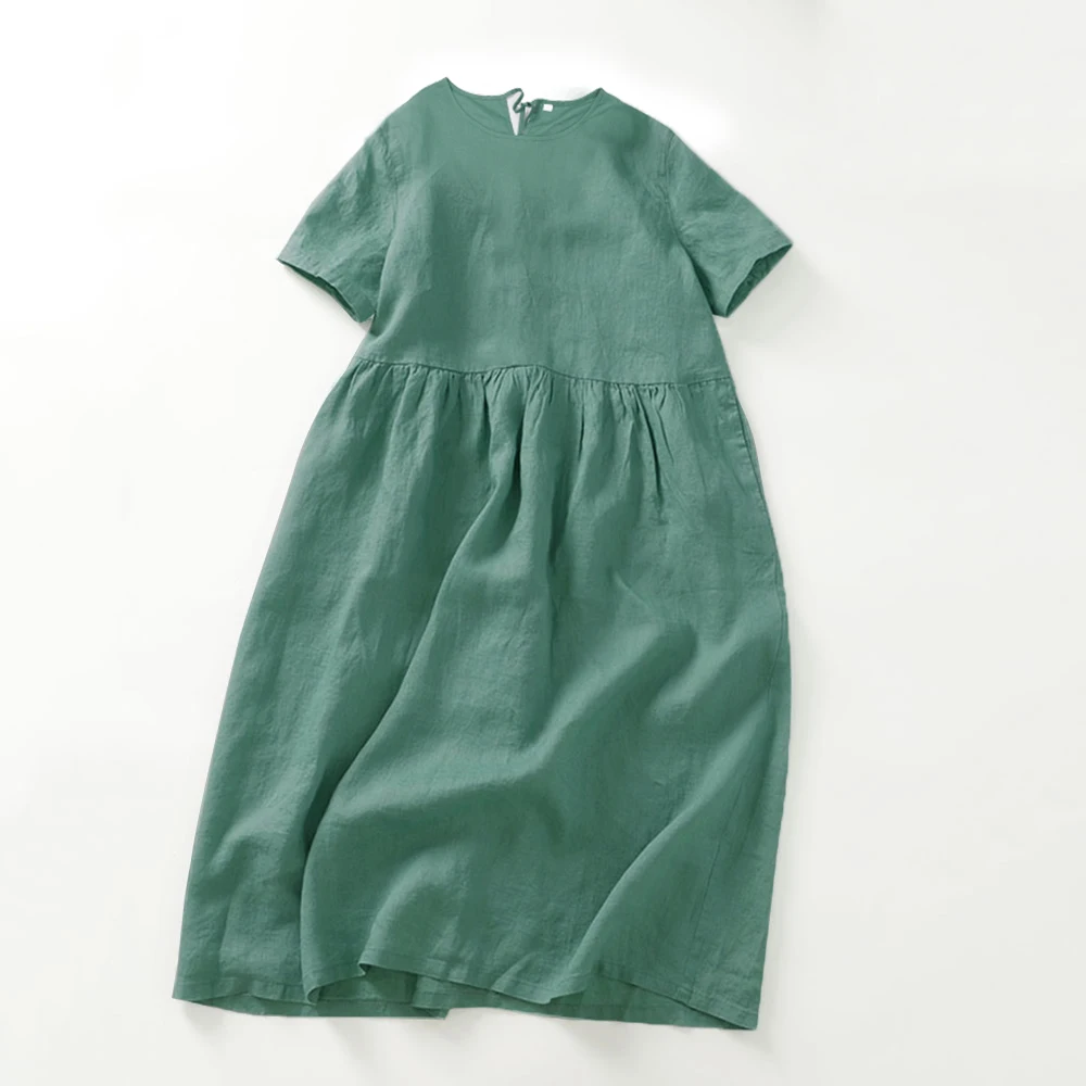 시크한 코튼 리넨 원피스 여성용 반팔 단색 원피스 O넥 빈티지 캐주얼 선드레스, 휴일 여행 의상, 2024 여름