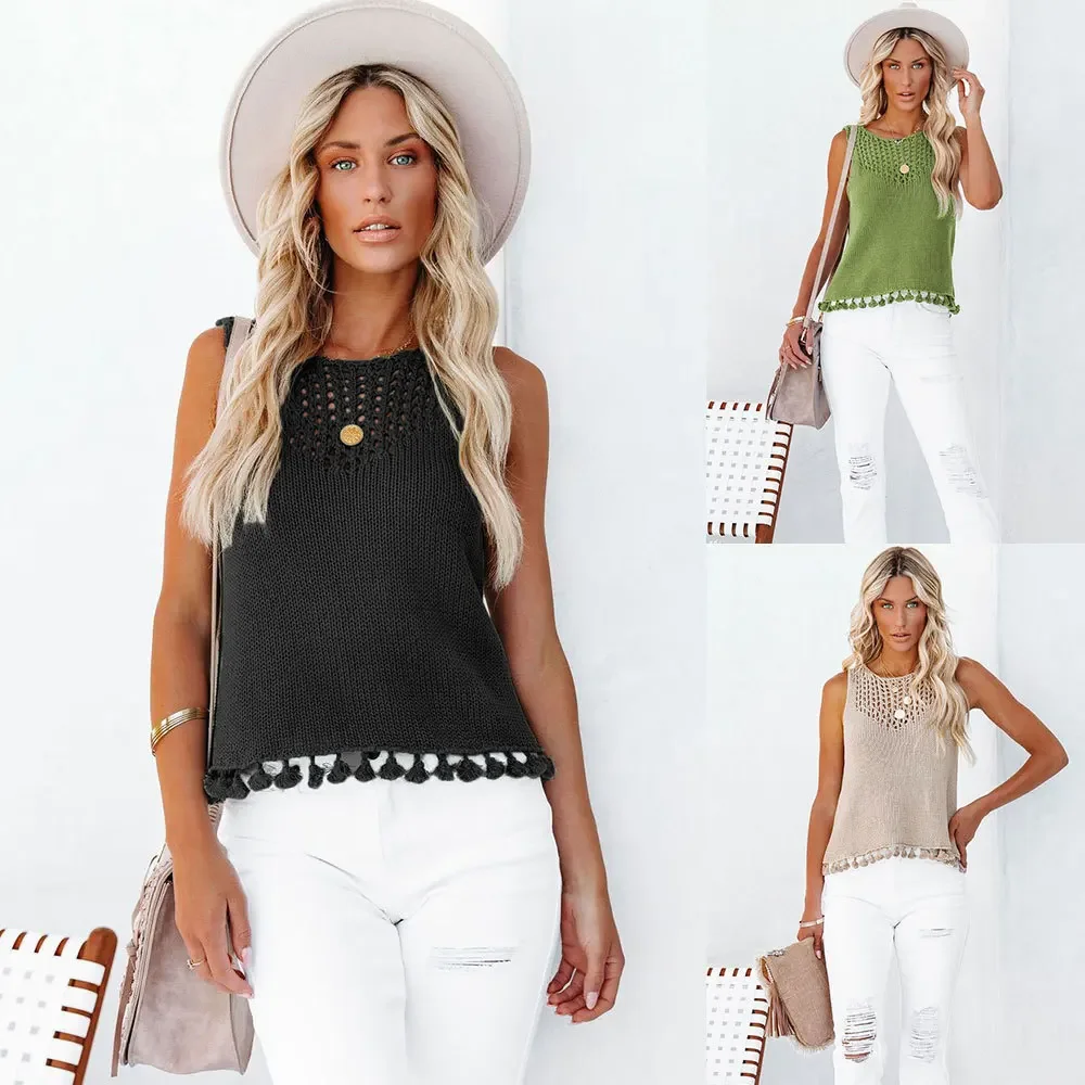 2024 Summer New Round Neck Fashion Hollow out Knitwear European and American Handmade Tassel Women's Tank Top SFC40-4