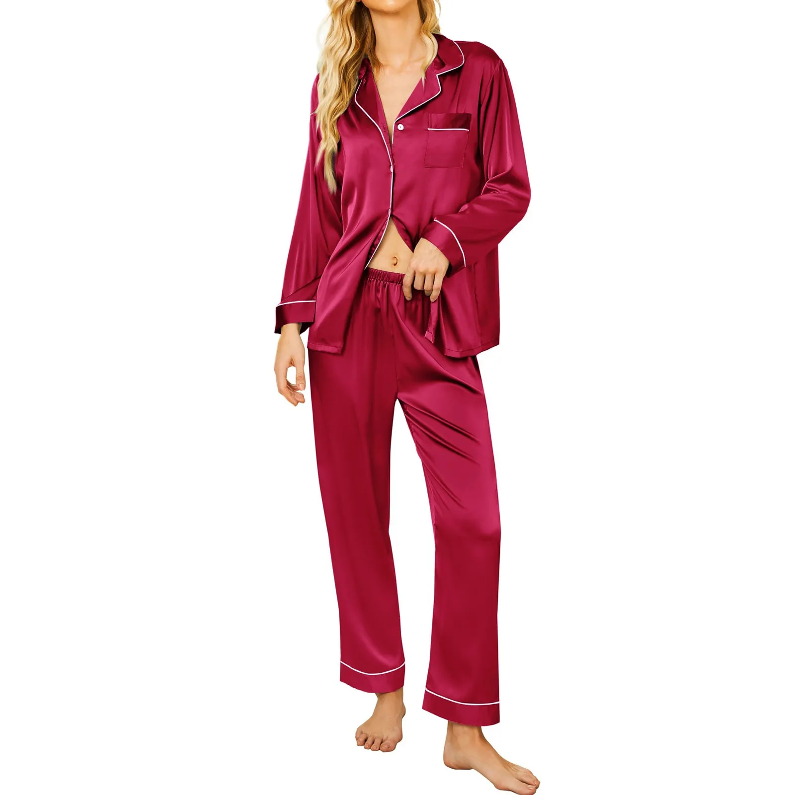 

Women Pajamas Sets Sexy Silk Polyester Women Pijama Sets Sleepwear Long-sleeve Cardigan Set Female Pyjamas Home Clothing