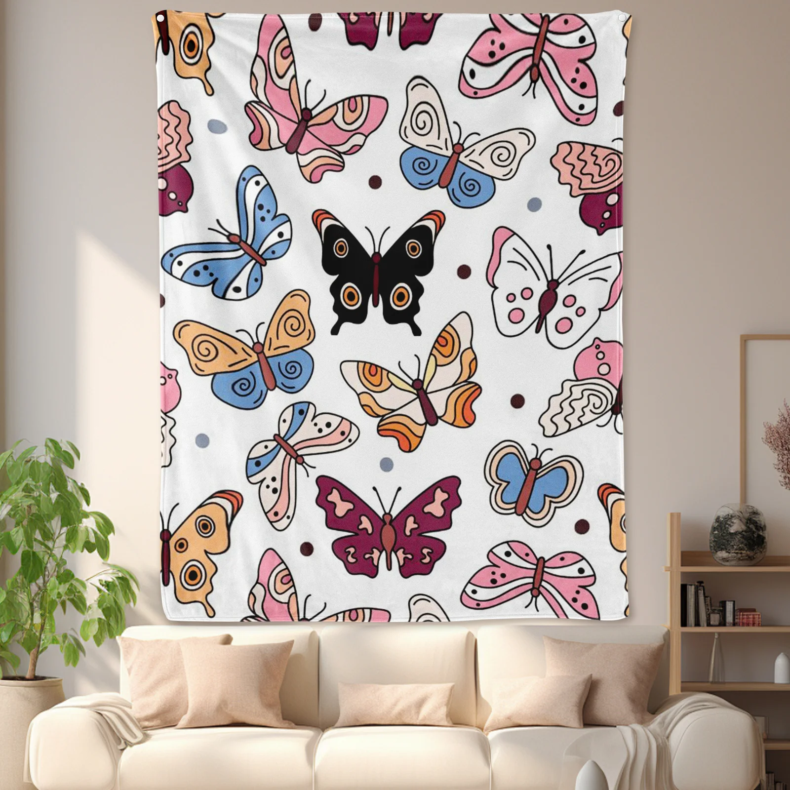 Stylish Butterfly Line Art Blanket With Black Design On White Background For A Minimalist And Modern Home Decor Accent Piece