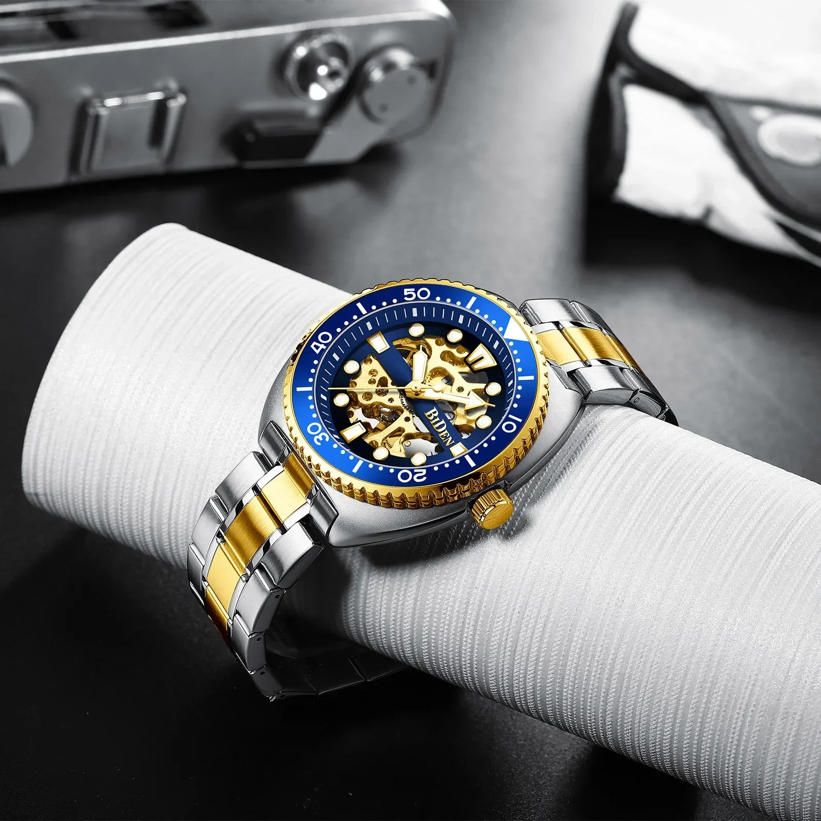 

Круглый золотой скелет, автоматические мужские часы с резьбой, ночник, оборудование для мобильного телефона, роскошные часы из нержавеющей стали