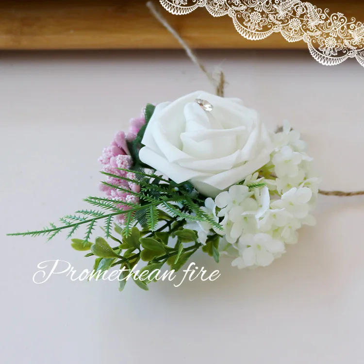 Boutonniere y ramillete de muñeca para ceremonia de boda, simulación de PE Rosa + bola bordada, novia y novio, conferencia de negocios