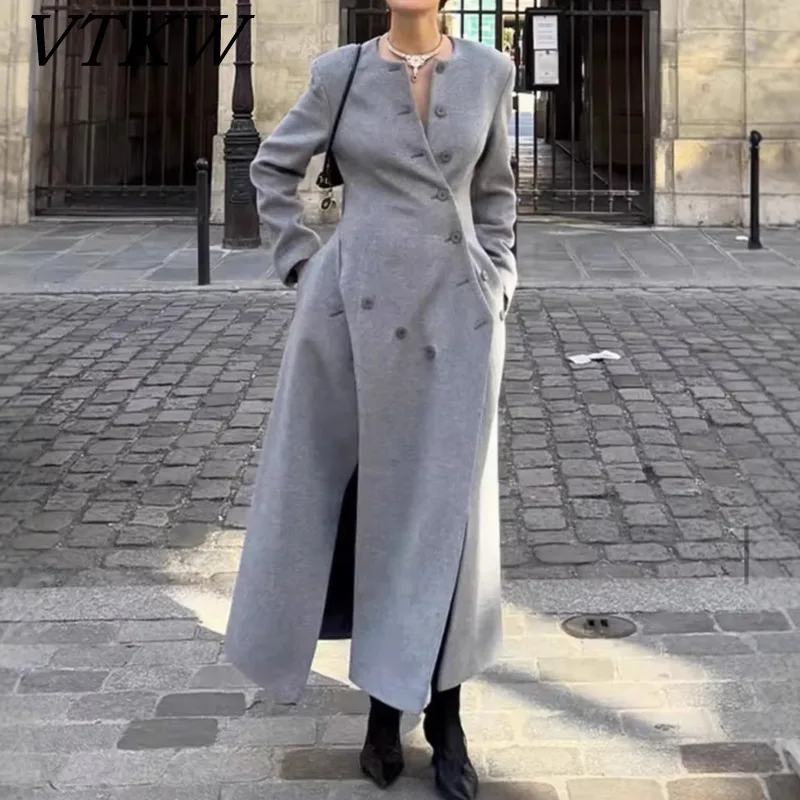 

VTKW чистый цвет, высокое качество, весенняя модная женская одежда 2021, повседневное элегантное однобортное пальто с разрезом и длинными рукавами