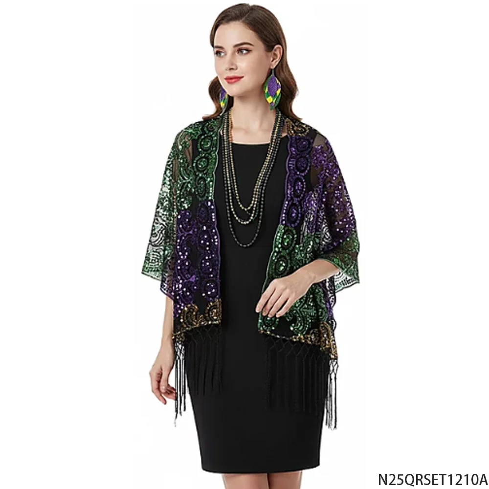 PESENAR Zestaw akcesoriów damskich na Mardi Gras: cekinowa chusta, kolczyki, naszyjnik z koralików, kostium na imprezę