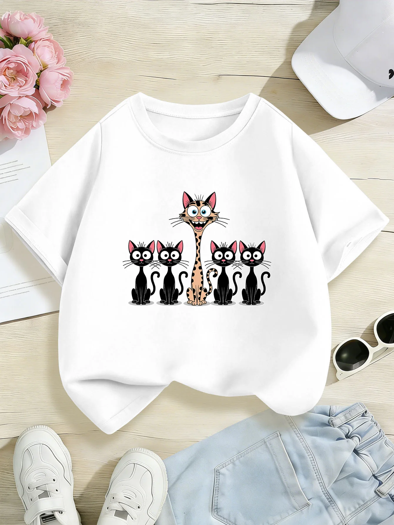 Cute Group Of Cartoon Cats Pattern Print Kids T Shirt Boys Girls Family Matching Parent Child Summer Crew Neck Casual Tee