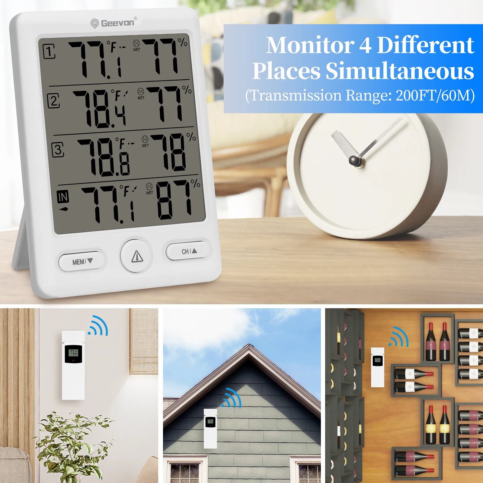 Geevon Indoor Outdoor Thermometer Wireless With 3 Remote Sensors, Digital Hygrometer Indoor Thermometer With 200FT/60M Range