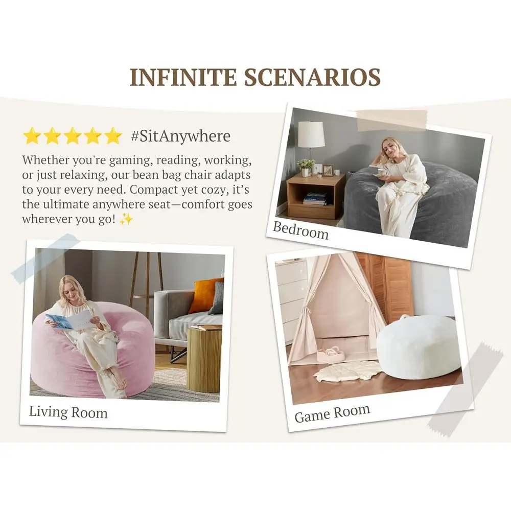 كراسي بين باج فاخرة من إسفنج الذاكرة المخملي للبالغين - كيس فول مريح للبالغين مع غطاء قابل للإزالة لغرفة المعيشة وغرفة النوم باللون الوردي #6