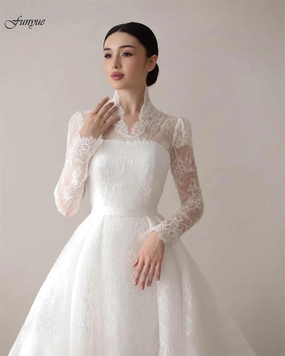 Funyue Aangepaste Dubai V-hals Volledige Kant Trouwjurken Lange Mouwen Een Lijn Elegante Bruidsjurk voor Bruiden Vestido De Noiva