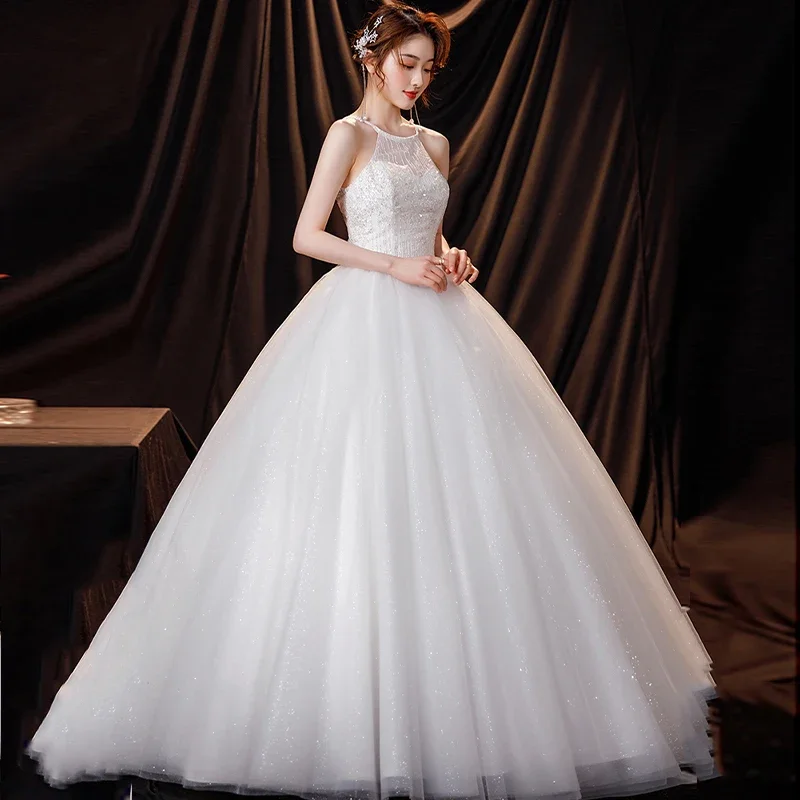 Wedding Dresses Illusion Halter Sleeveless Backless Tulle Lace Sequined Embroidery Floor-length Vintage Women Bridal Gown GB500