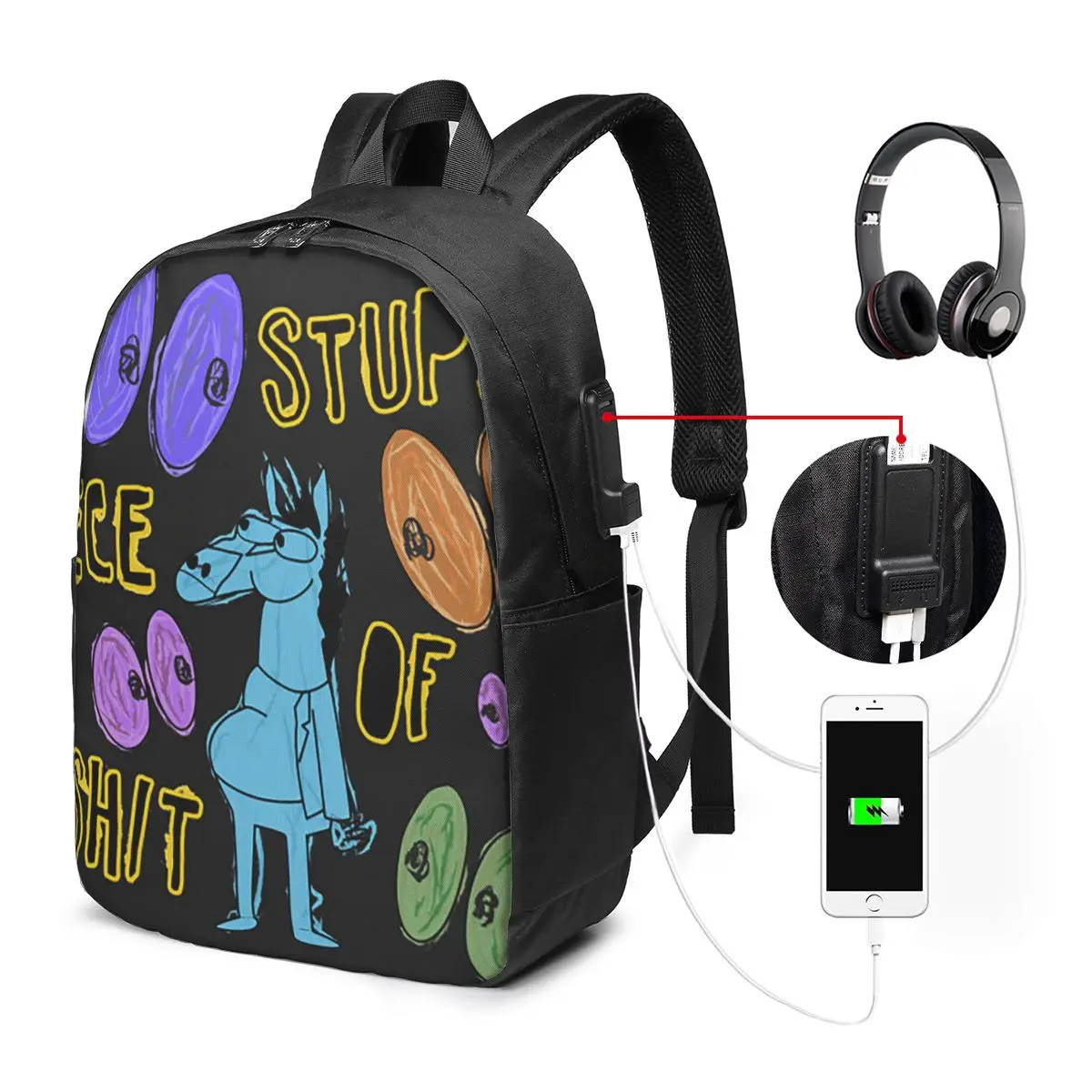 Cartoon Bojack Horseman Stupid Piece Of Shit Backpack Travel Notebook Bag Computer College Student School Bag Laptop