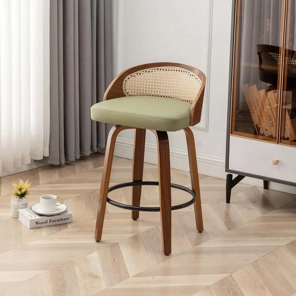 Drehbare Rattan-Barhocker, Mid-Century Modern, mit Kunstleder gepolsterte Barhocker in Barhöhe, Kücheninsel-Barhocker, Rattan-Rückenlehne