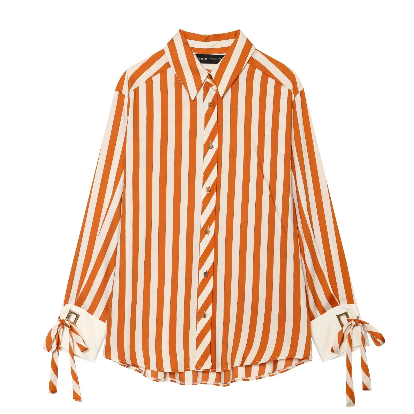 BSAY Women Daily Office Vertical Striped Lapel Long Sleeve Shirt Single Breasted Buttons Cuff Bow Tie Decor Loose Casual Blouse