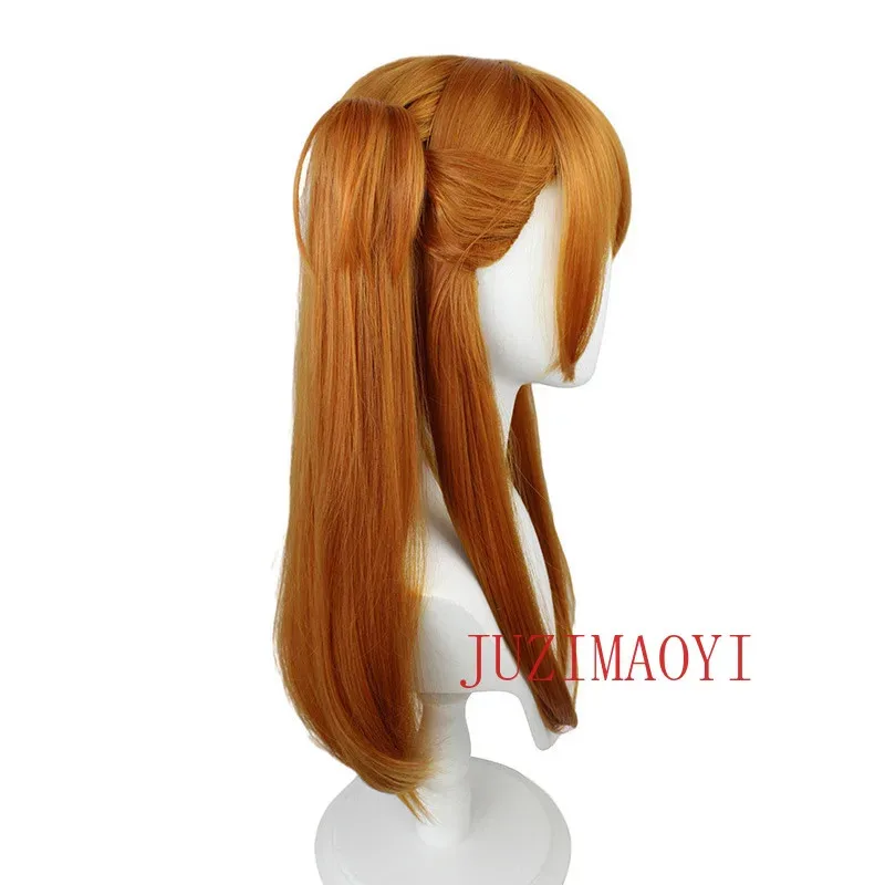 Asuka Langley Soryu pelucas de Cosplay largo naranja con 2 Clips de cola de caballo peluca de pelo sintético resistente al calor + gorro de peluca EVA de alta calidad