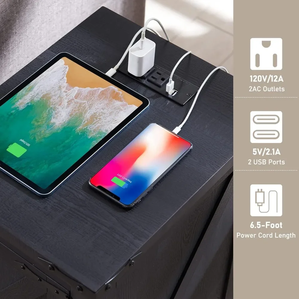 充電ステーション付きナイトスタンド、納屋ドアと調節可能な収納棚付き長方形ファームハウスエンドテーブル