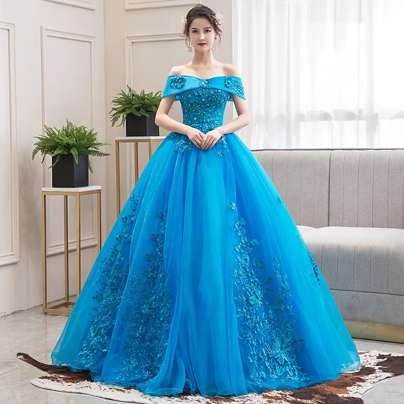 

Blue Colored Yarn Summer New Art Test Dress Dance Singing Tutu Skirt Annual Meeting Host Evening Dress Performance Dress Female