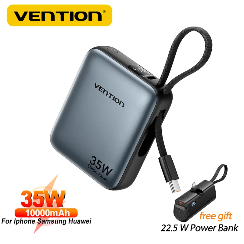 Vention 10000mAh Power Bank 35W Mini Powerbanks Portable Auxiliary Battery PD Fast Charging Built-in Cable for iPhone 16 Samsung