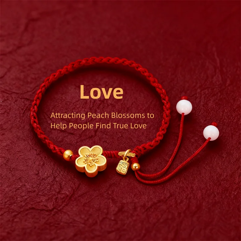 

Handmade Red Rope Beads Bracelets for Men and Women Gold Color Peach Blossom Fu Pendant Bracelet Lucky Health Amulet Jewelry