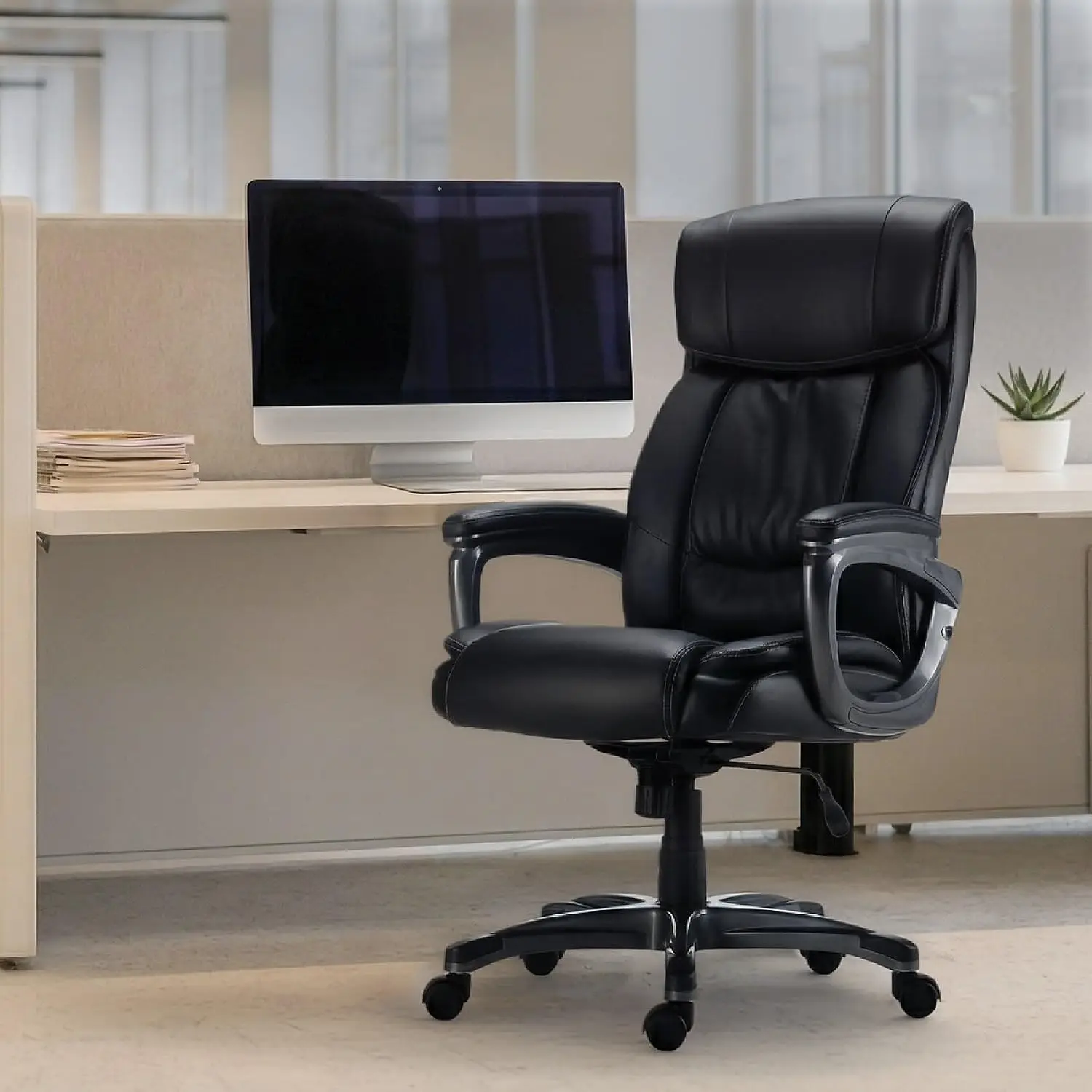 Big & Tall Bonded Leather Office Chair, Adjustable Ergonomic Manager Seat, Black, Customized