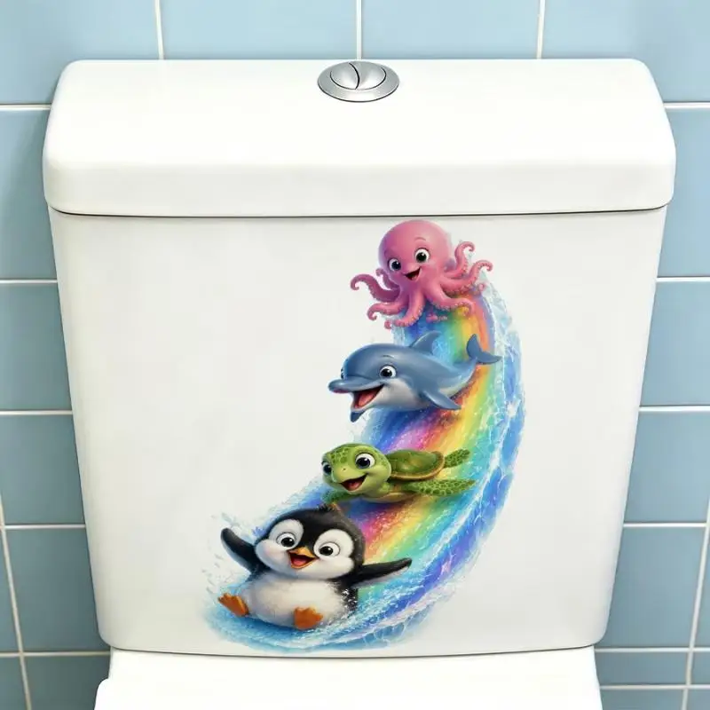 1PCS Waterproof Cartoon Sea Animal Toilet Lid Sticker Easy Peel Removable Decal for Housewarming Bathroom Gift Decor