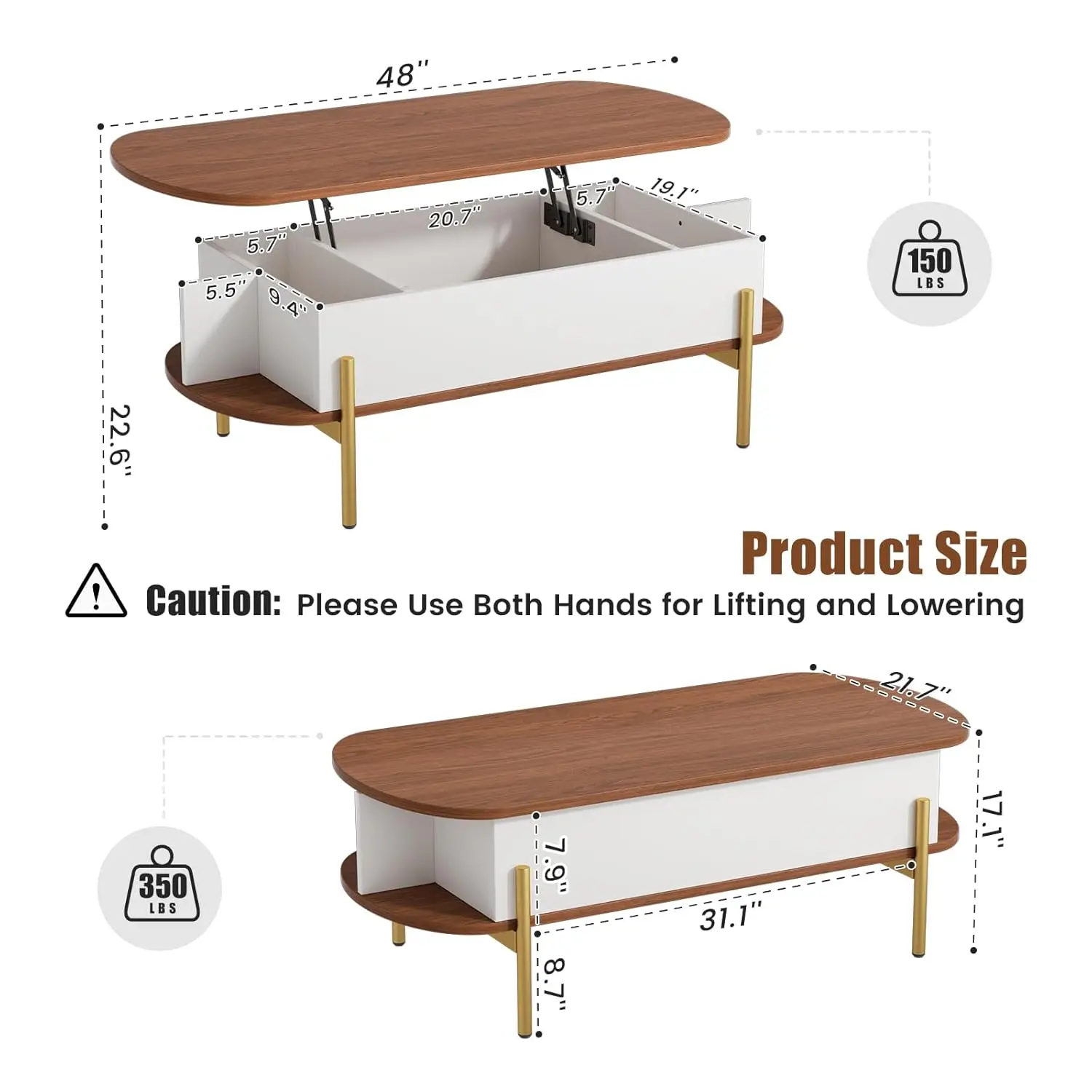 48" Oval Lift Top Coffee Table with Storage Metal Legs & Large Hidden Compartment, Coffee Tables with Lifting Top, Customized