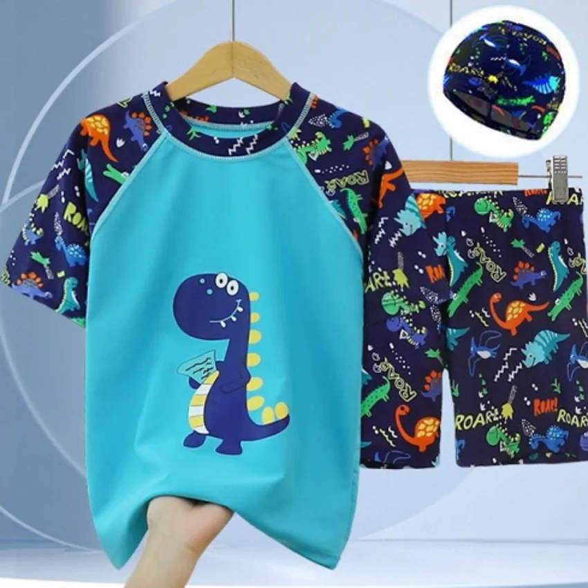 Traje de baño de dinosaurios para niños, bañador de moda para surf, conjunto de Tops y pantalones con gorro, 3 piezas