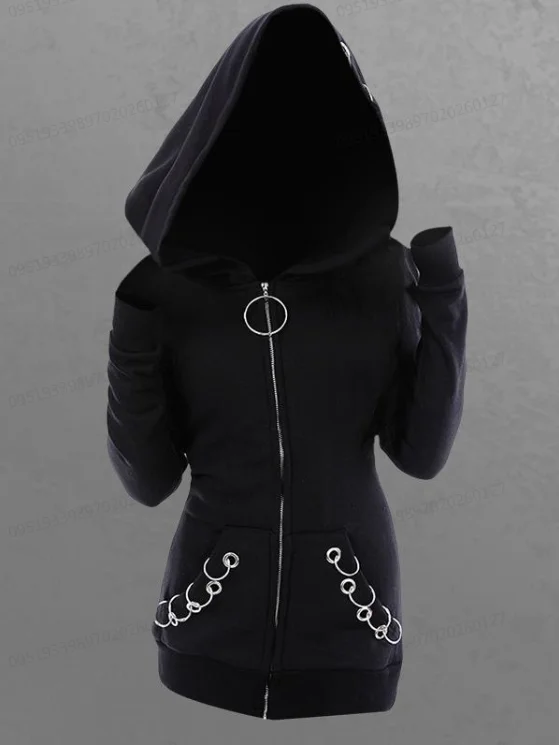 New Arrived Gothic Hooded Coats Black Grommets O-ring Zip Up Pocket Outwears Tops Spring Autumn Wide-waisted Jacket